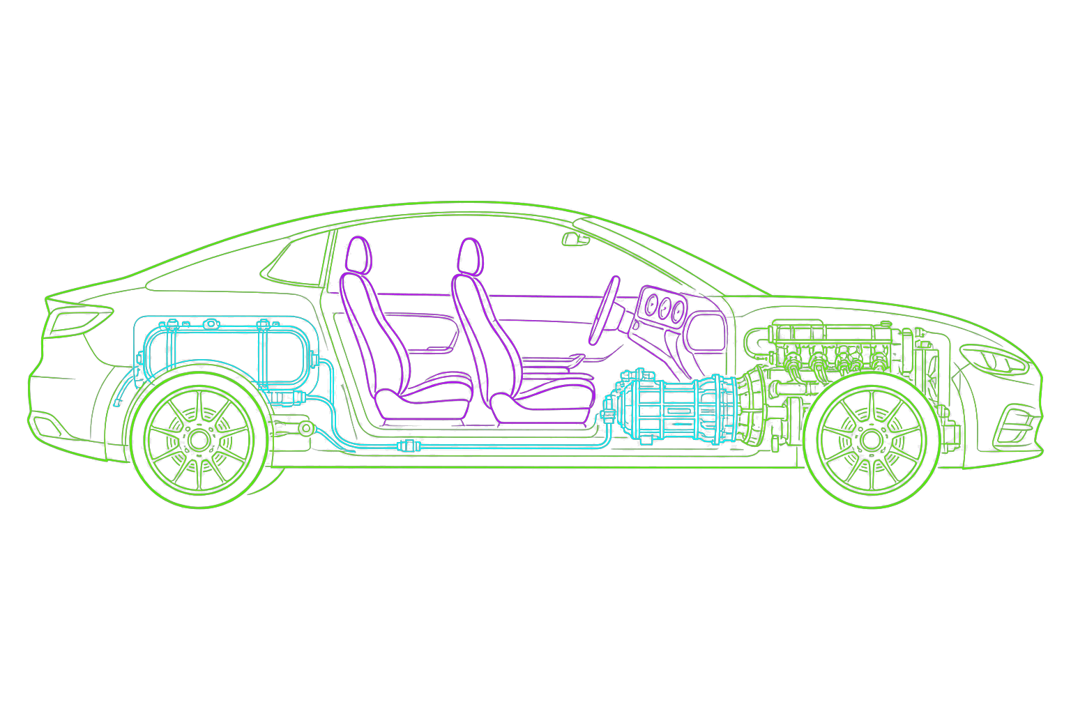 Side-profile cutaway of the Conscious Creation System, with each app feature mapped to a part of the vehicle